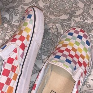 checkered rainbow slip on vans